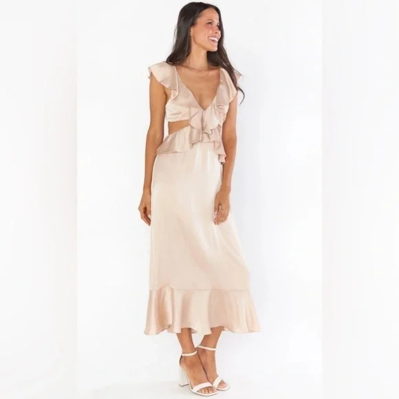 Show Me Your Mumu Zoey Midi Dress Champagne Luxe Satin NWT Size L - Picture 4 of 5